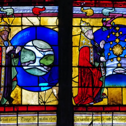 Sainte-Madeleine vitrail de l'histoire du monde séparation de la terre et des eaux et création des astres vers 1490