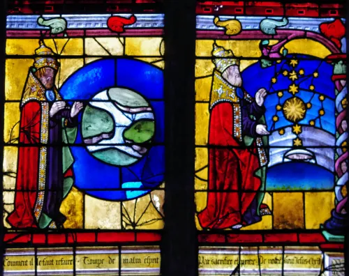 Sainte-Madeleine vitrail de l'histoire du monde séparation de la terre et des eaux et création des astres vers 1490